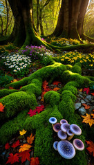 Moss covered roots and colorful mushrooms create a magical forest scene
