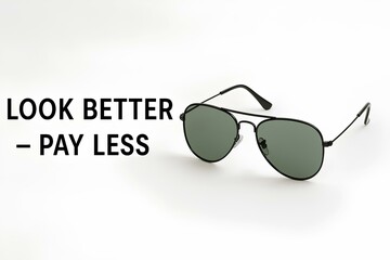 Sunglasses and accessories sale – glasses on white background, text Look Better – Pay Less, minimalist style