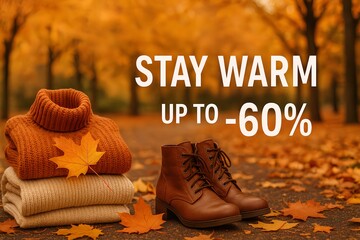 Autumn clothing sale – sweaters, boots, leaves, warm-toned park background, Stay Warm – Up to -60