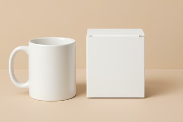 White ceramic mug and blank product box mockup on a beige background, clean branding presentation