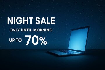 Night Sale banner – starry sky, glowing laptop, text Only Until Morning – Up to -70