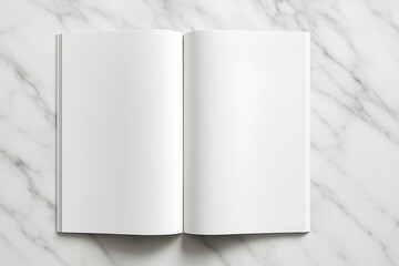 Mockup of an open magazine with blank pages on a clean marble table, high-end editorial style, top-down view