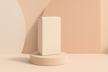 Minimal mockup of product packaging standing on a round pedestal with geometric background, soft pastel tones