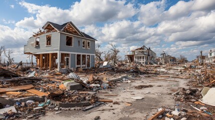 Devastation and destruction after severe storm in residential area