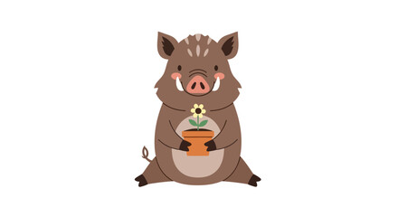 Cute cartoon wild boar holding a flower pot with a sunflower plant.