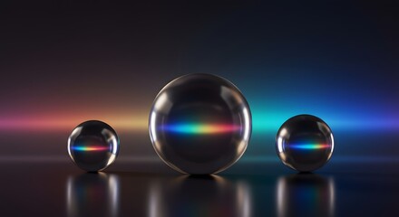 Three chrome spheres reflect a rainbow gradient on a dark glossy surface