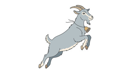 Obraz premium A cartoon goat leaps joyfully, wearing a bell around its neck, against a white background.