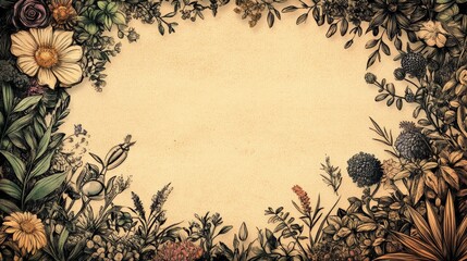 Hand-drawn flowers frame creating decorative border on parchment background