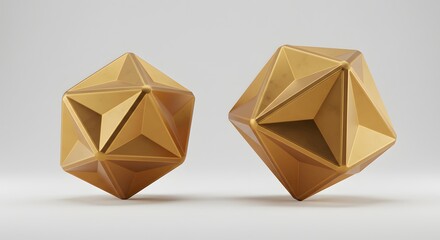 Two golden geometric solids dodecahedrons rest on a light grey surface