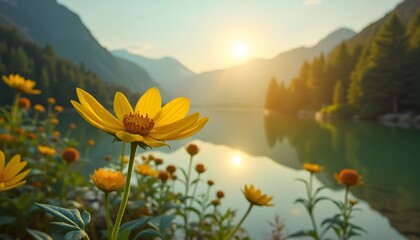 Yellow flowers by a lake at sunset with mountains  trees in the background creating a serene natural scene