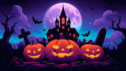 Fototapeta premium Atmospheric Halloween scene with glowing pumpkins and bats
