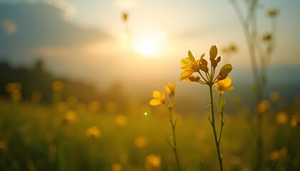 Yellow flowers stand out against a sunsetlit field