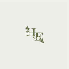 organic leaf logo bold initial concept letter luxury wedding monogram design HE