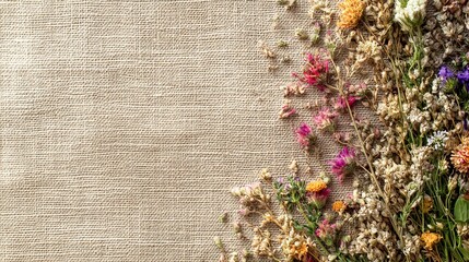 Dried flowers forming a colorful border on burlap fabric
