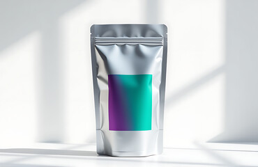 shot sleek silver foil pouch soft white background featuring vibrant purple green gradient label subtly