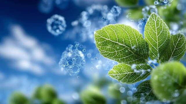 Close-up of a green leaf with carbon molecules visually entering through stomata, transforming into oxygen icons rising into a clear sky, stylized environmental infographic style