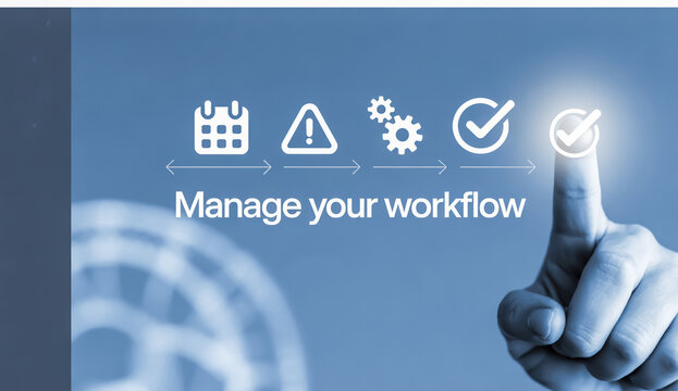 Blue workflow icons with finger calendar alert - Powered by Adobe