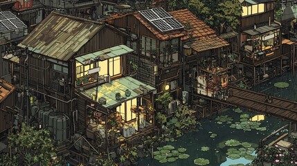 Fototapeta premium Atmospheric waterside dwellings with solar panels and lush vegetation in a unique isometric perspective