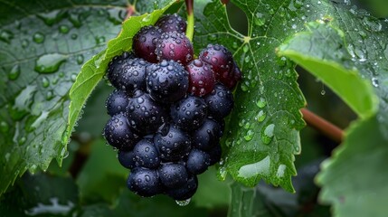 Dew kissed grapes  plump, juicy clusters hanging from vibrant green vines in nature s bounty