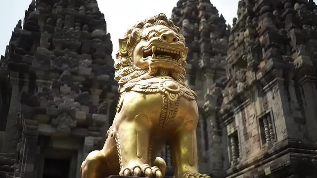 Golden Lion Guardian with Temple Ruins.