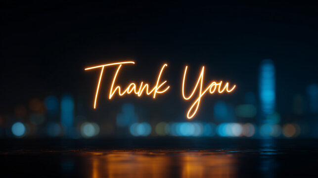 Orange neon “Thank You” sign over blurred city bokeh background - Powered by Adobe