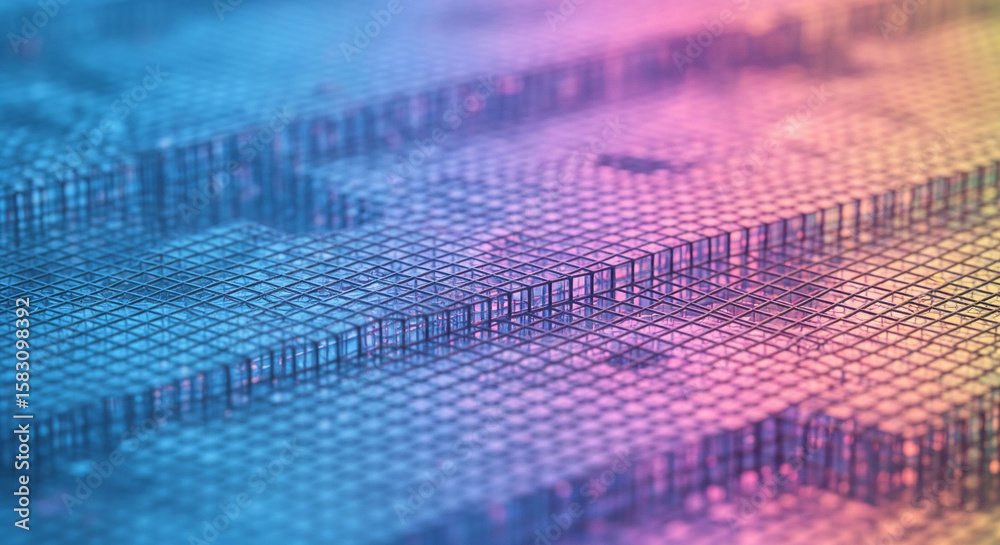 Poster abstract image of a grid-like structure with blue and pink gradient, showcasing a three-dimensional 