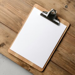A wooden clipboard on a wooden table with a blank sheet of paper