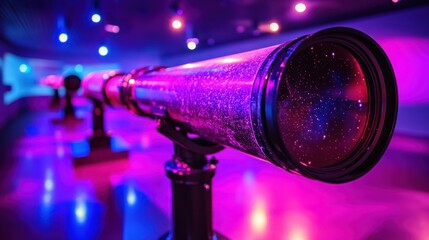 Long telescope, vibrant lights, museum exhibit