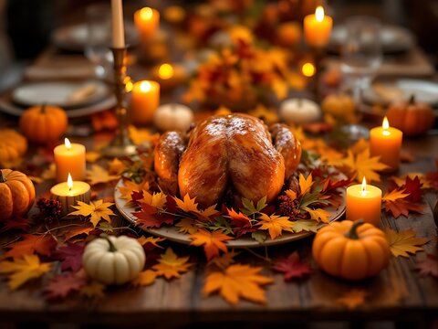 Cozy Thanksgiving table with turkey, candles, and pumpkins, capturing warm autumn vibes for seasonal food promotions and celebration ads