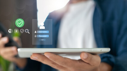 User holding tablet with login form and cybersecurity icons. Concept of digital identity, secure...