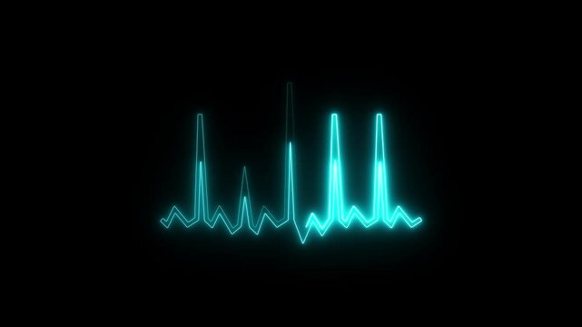 A digital neon blue sound wave illustration pulses like a medical EKG heart beat graph against a dark black technology backdrop for music and audio design