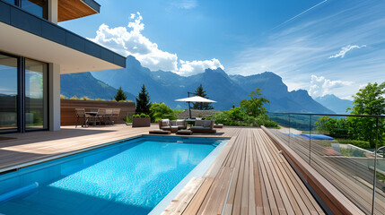 Contemporary house boasts a beautiful swimming pool, wooden deck, and stunning mountain vista under a clear blue sky.