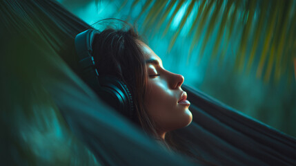 Woman relaxing in hammock wearing headphones