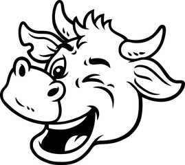 Vector Cartoon Hand Drawn Happy Winking Cow Face Line Art