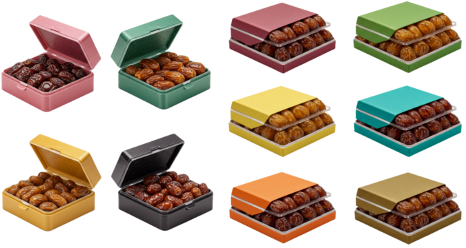 Assorted dates in colorful gift boxes on transparent background  