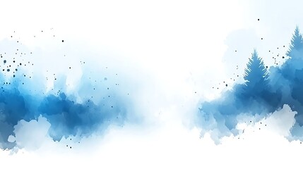 Watercolor winter forest background design with coniferous trees and abstract blue clouds creating