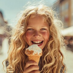 Close up portrait of a happy blond child girl eating an ice cream outdoor.