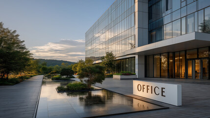 A white "OFFICE" sign is placed beside a tranquil reflective pool in front of a modern glass office building at sunset.