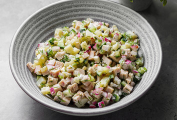 cold Russian soup okroshka with egg and vegetables