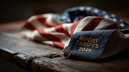 An American flag is draped over a dark wooden surface, with a patch that says "IMPORT TARIFFS 2025" on it.