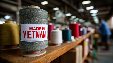 A close-up view shows a large pile of "Made in Vietnam" fabric rolls in various colors, indicating textile production or inventory.
