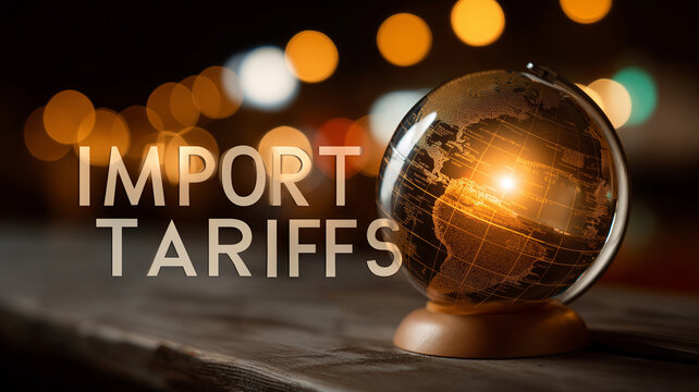 A digital globe displays "IMPORT TARIFFS" in prominent text, superimposed over a blurred cityscape, suggesting global economic implications.