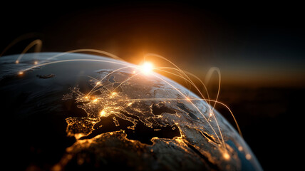 A digitally rendered Earth features glowing network lines connecting various points, symbolizing global communication and data flow.
