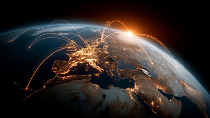 A digitally rendered Earth features glowing network lines connecting various points, symbolizing global communication and data flow.