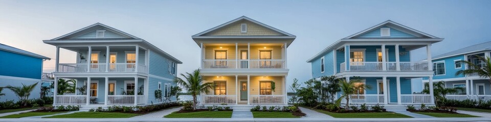 Obraz premium Breathtaking Sunset Over Coastal Village Serene Beach Houses Embracing the Gulf Coast Beauty
