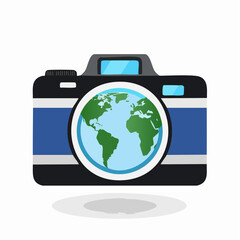 Globe lens on camera body for travel photography concept in daytime