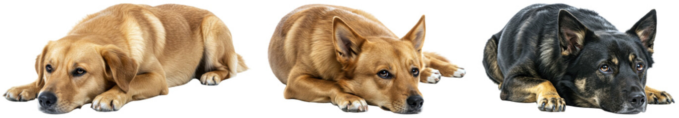 Three dogs lying down on transparent background  