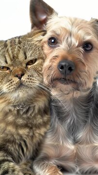 Affectionate Tabby Cat and Yorkshire Terrier Cuddle Together on White Backdrop