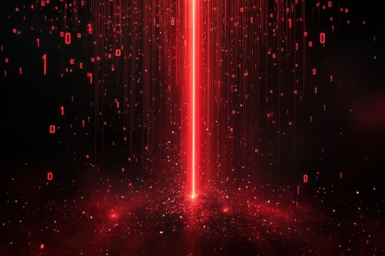 A stream of red binary code illuminates a dark digital space