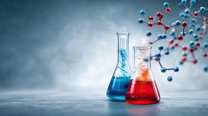 This captivating image depicts colorful laboratory beakers filled with vibrant liquids, showcasing the dynamic interaction of chemistry and molecular structures amidst a misty background.